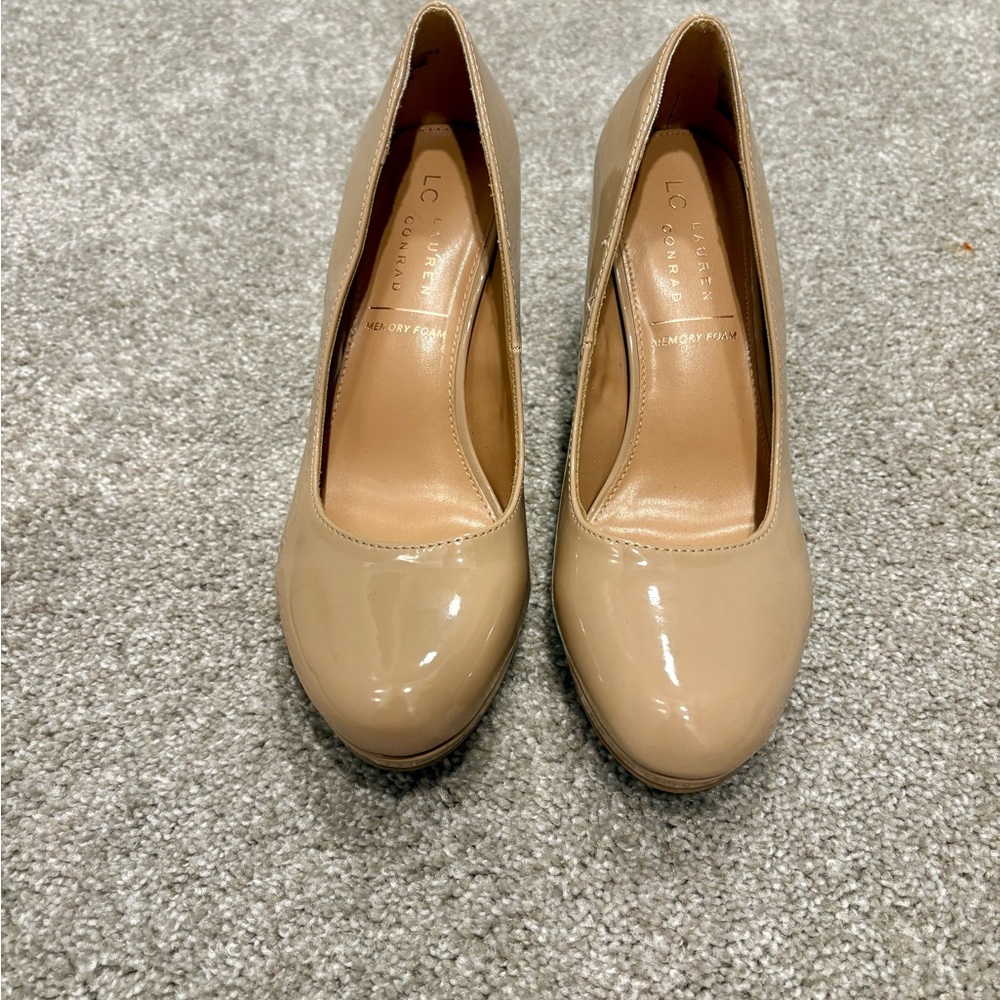 LC Lauren Conrad Beige Patent Round-Toe Pumps